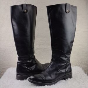 Pie Libre Italian Black Leather Almond Toe Side Zipper Low Heel Casual Tall Boot